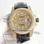 Swiss Replica Rolex Submariner Iced Out Yellow Gold Black Alligator Strap 3135 Watch